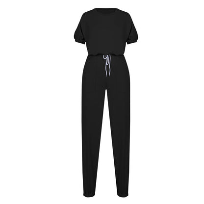 S-XL Women Casual Solid Color Short Sleeve Top And Drawstring Waist Pants Two Piece Set