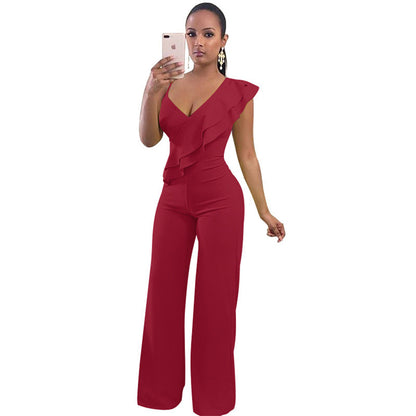 S-XL Women Casual Ruffled Solid Color Wide Leg Jumpsuits