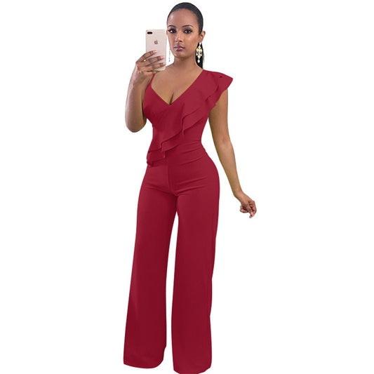 S-XL Women Casual Ruffled Solid Color Wide Leg Jumpsuits