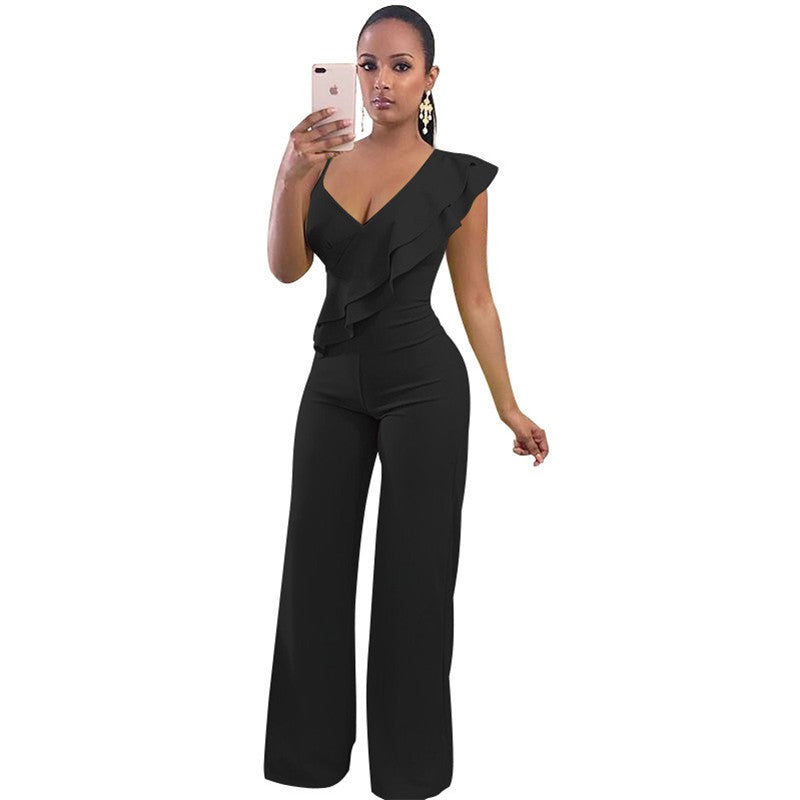 S-XL Women Casual Ruffled Solid Color Wide Leg Jumpsuits
