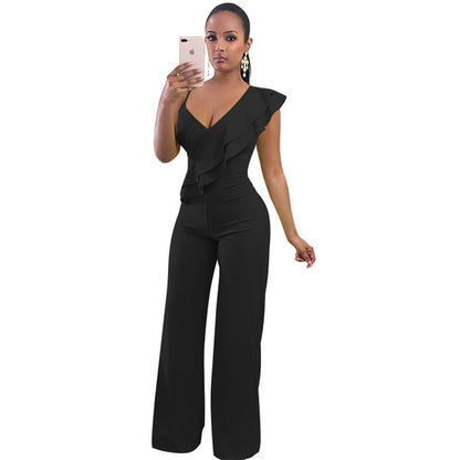 S-XL Women Casual Ruffled Solid Color Wide Leg Jumpsuits