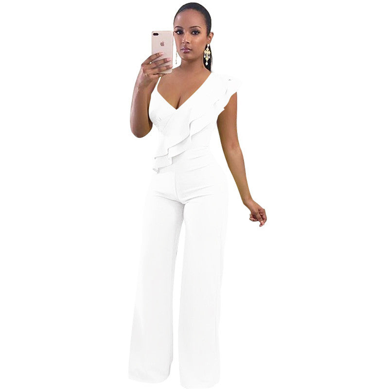 S-XL Women Casual Ruffled Solid Color Wide Leg Jumpsuits