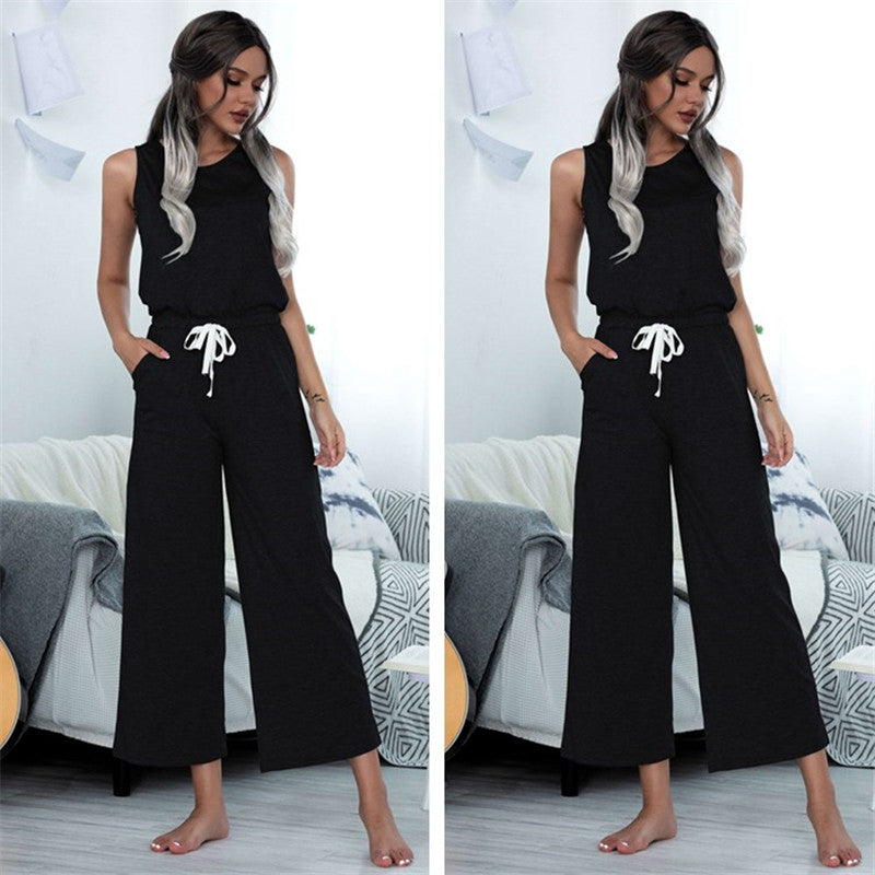 S-XL Women Casual Solid Color Sleeveless Wide Leg Jumpsuits