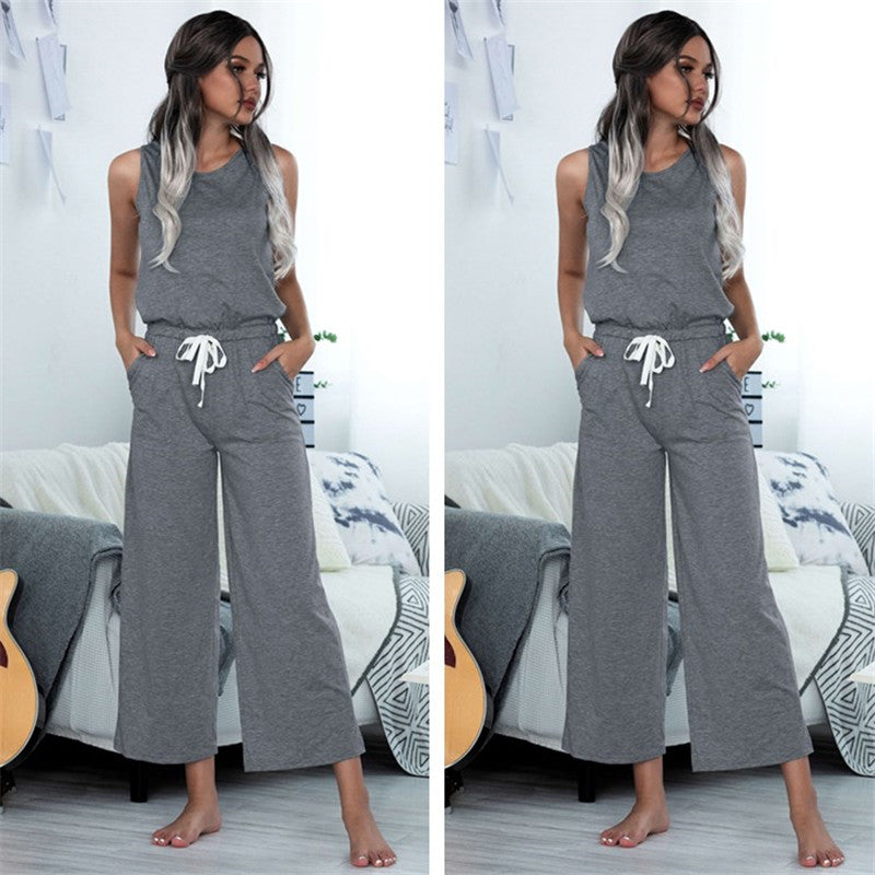 S-XL Women Casual Solid Color Sleeveless Wide Leg Jumpsuits
