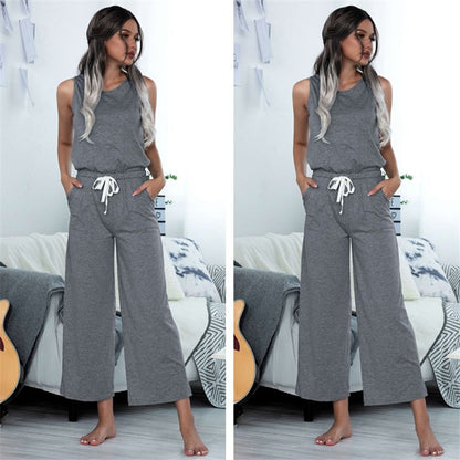 S-XL Women Casual Solid Color Sleeveless Wide Leg Jumpsuits