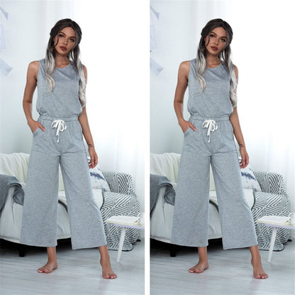 S-XL Women Casual Solid Color Sleeveless Wide Leg Jumpsuits