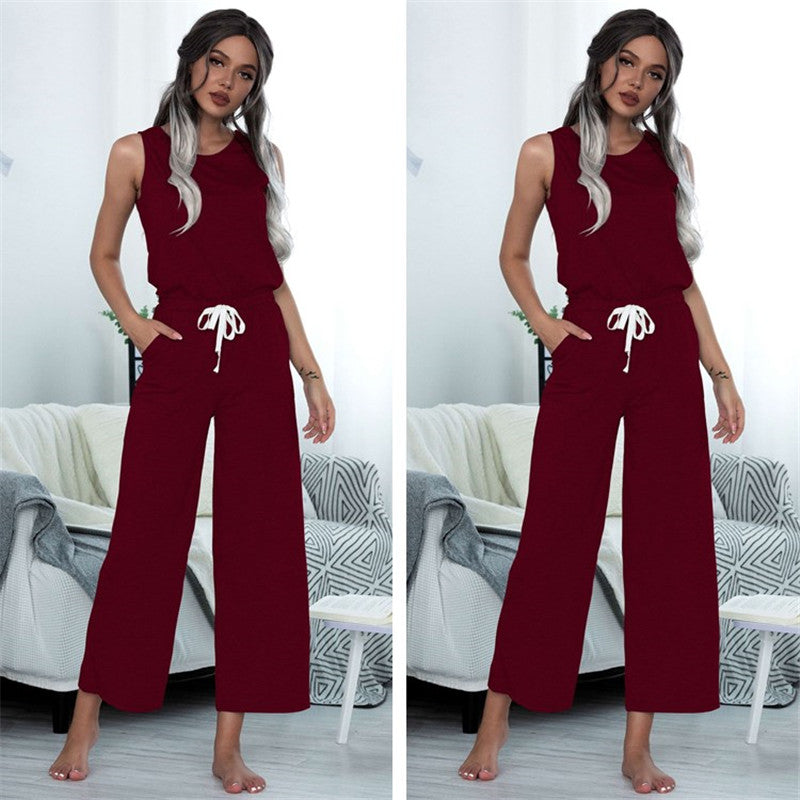 S-XL Women Casual Solid Color Sleeveless Wide Leg Jumpsuits