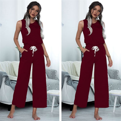 S-XL Women Casual Solid Color Sleeveless Wide Leg Jumpsuits