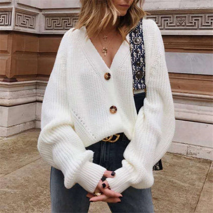 Suéter informal con cuello en V y mangas farol para mujer, tallas S-XL