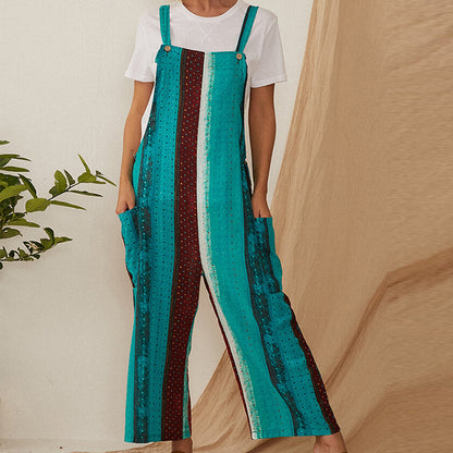 S-XL Women Casual Multicolor Stripe Print Wide Leg Jumpsuits