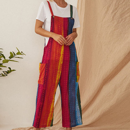 S-XL Women Casual Multicolor Stripe Print Wide Leg Jumpsuits