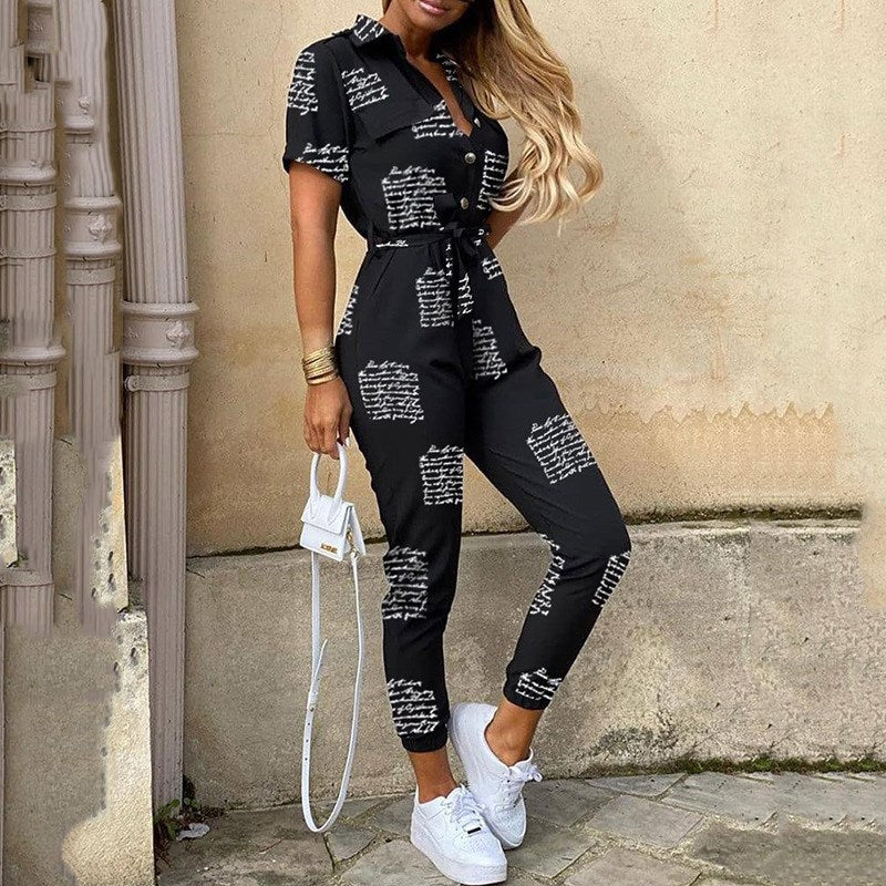 S-XXL Women Casual Lapel Short Sleeve High Waist Striped Jumpsuits