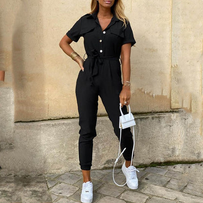 S-XXL Women Casual Lapel Short Sleeve High Waist Striped Jumpsuits