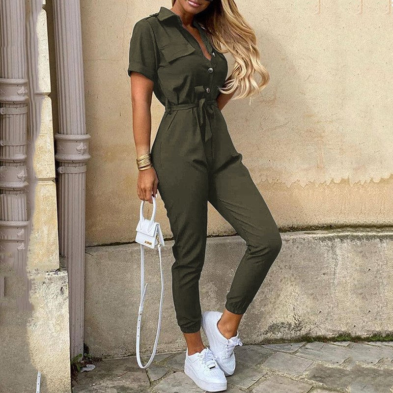 S-XXL Women Casual Lapel Short Sleeve High Waist Striped Jumpsuits