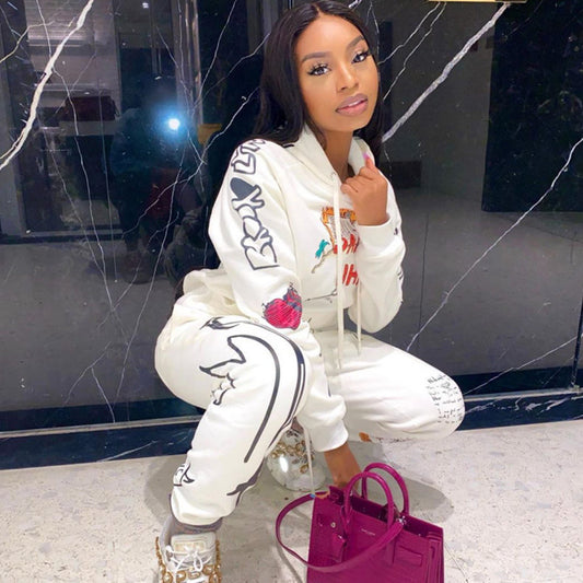 Conjuntos de dos piezas con sudadera y pantalón con estampado de grafiti informal para mujer tallas S-2XL