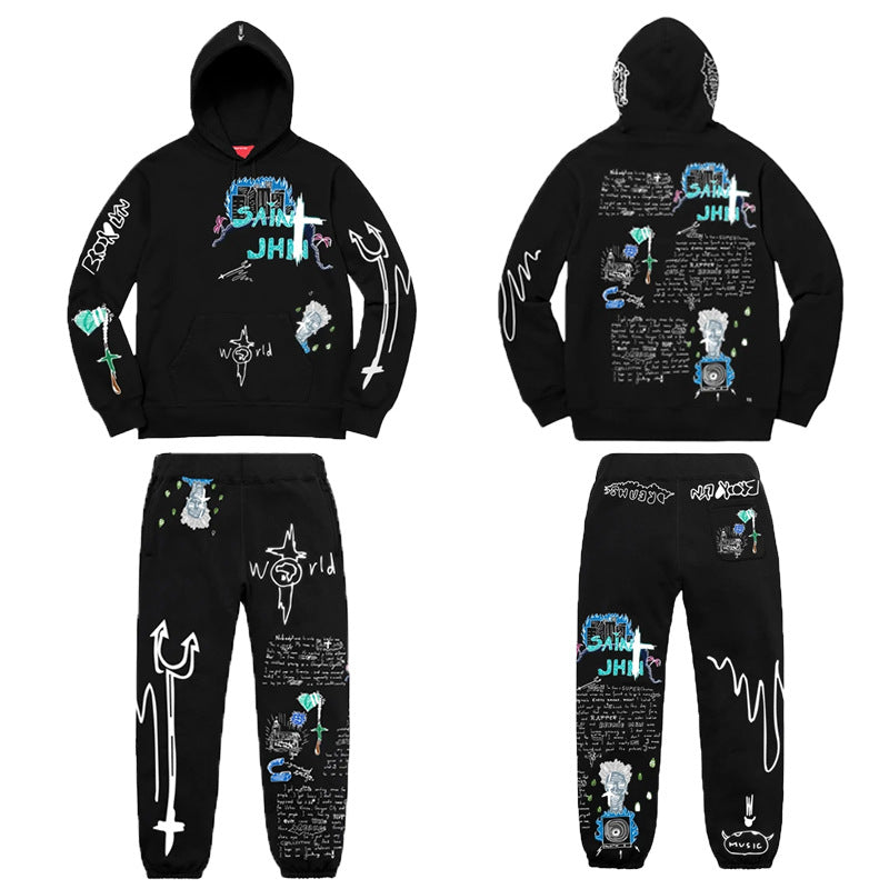Conjuntos de dos piezas con sudadera y pantalón con estampado de grafiti informal para mujer tallas S-2XL
