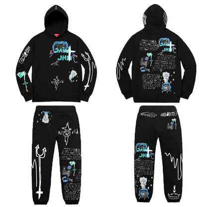 Conjuntos de dos piezas con sudadera y pantalón con estampado de grafiti informal para mujer tallas S-2XL