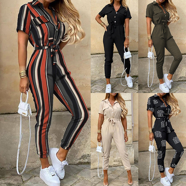 S-XXL Women Casual Lapel Short Sleeve High Waist Striped Jumpsuits