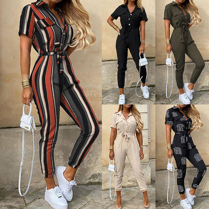 S-XXL Women Casual Lapel Short Sleeve High Waist Striped Jumpsuits