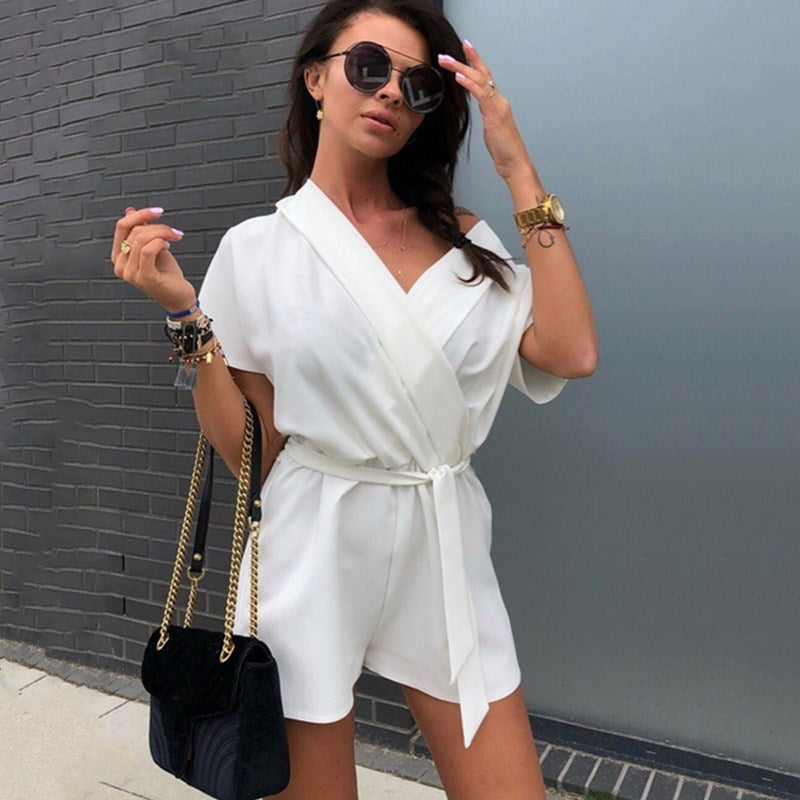 S-XXL Women Solid Color Casual Short-sleeve Surplice Rompers