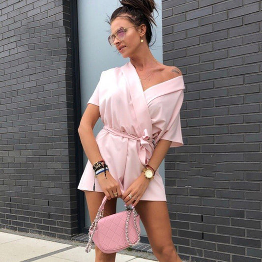 S-XXL Women Solid Color Casual Short-sleeve Surplice Rompers