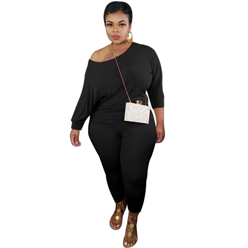 Conjunto de dos piezas de top y pantalón de manga larga de color liso, informal, talla grande, para mujer, talla XL-5XL