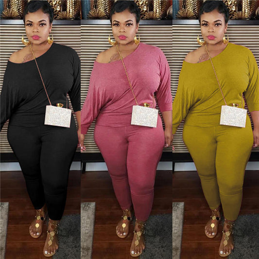 Conjunto de dos piezas de top y pantalón de manga larga de color liso, informal, talla grande, para mujer, talla XL-5XL