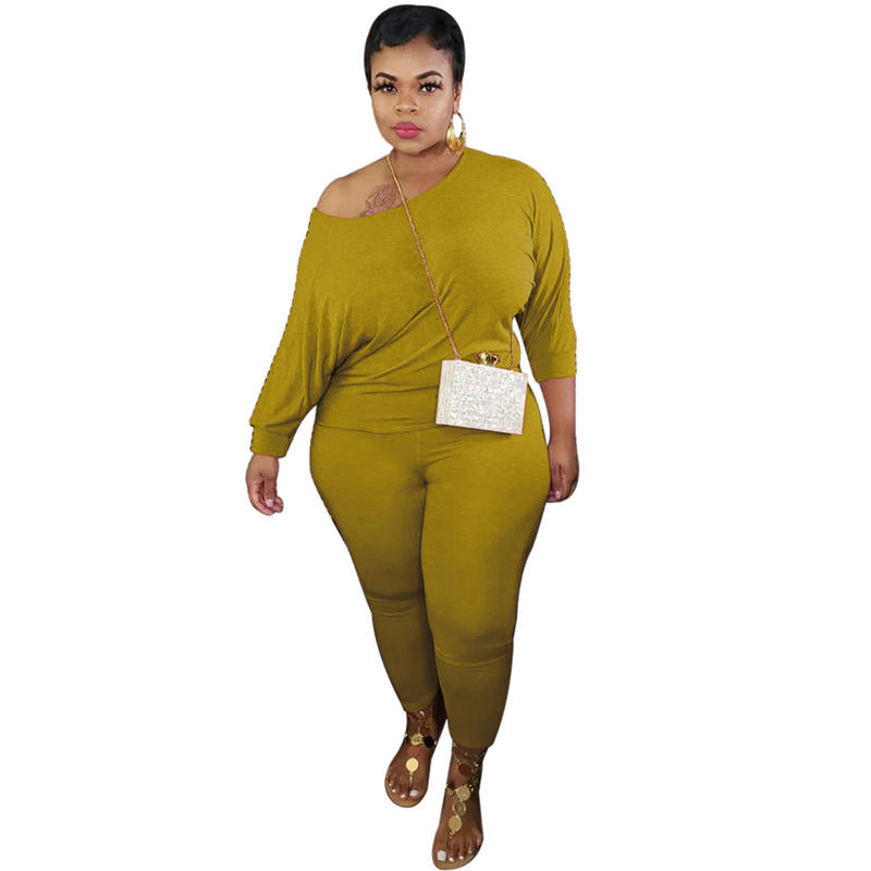 Conjunto de dos piezas de top y pantalón de manga larga de color liso, informal, talla grande, para mujer, talla XL-5XL