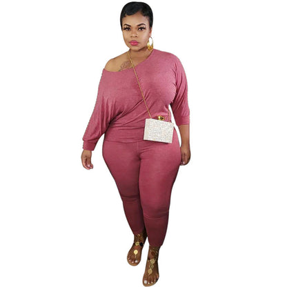 Conjunto de dos piezas de top y pantalón de manga larga de color liso, informal, talla grande, para mujer, talla XL-5XL