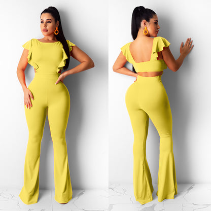 S-XL Women Casual Solid Color Ruffled Flare Jumpsuits
