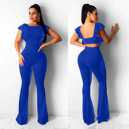 S-XL Women Casual Solid Color Ruffled Flare Jumpsuits