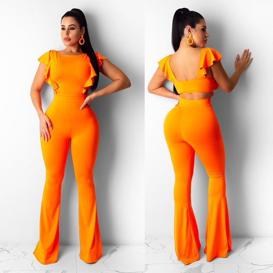 S-XL Women Casual Solid Color Ruffled Flare Jumpsuits
