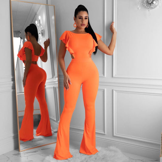 S-XL Women Casual Solid Color Ruffled Flare Jumpsuits