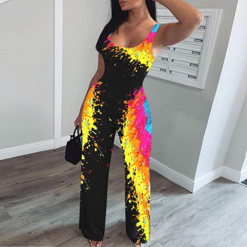 S-XXL Women Casual Graffiti Print Sleeveless Wide Leg Jumpsuits