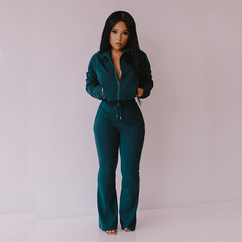 Conjunto de dos piezas de sudadera y pantalón con cremallera de color liso informal para mujer tallas S-2XL