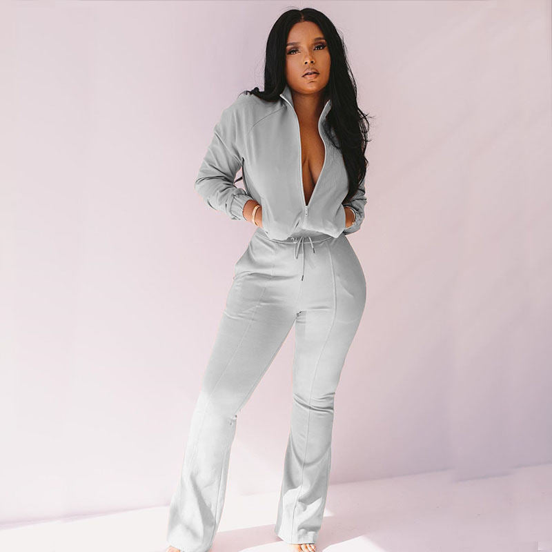 Conjunto de dos piezas de sudadera y pantalón con cremallera de color liso informal para mujer tallas S-2XL
