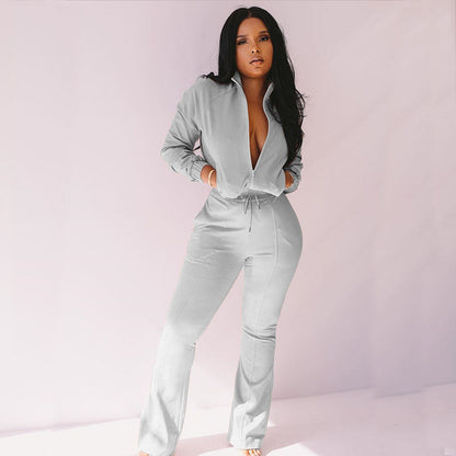 Conjunto de dos piezas de sudadera y pantalón con cremallera de color liso informal para mujer tallas S-2XL
