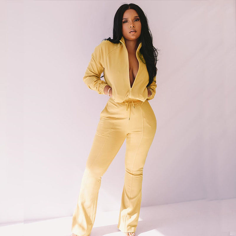 Conjunto de dos piezas de sudadera y pantalón con cremallera de color liso informal para mujer tallas S-2XL