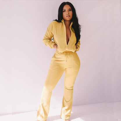 Conjunto de dos piezas de sudadera y pantalón con cremallera de color liso informal para mujer tallas S-2XL