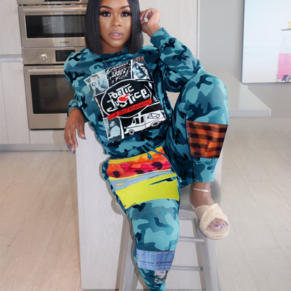 Conjunto de dos piezas de sudadera y pantalón con estampado de camuflaje informal para mujer tallas S-2XL