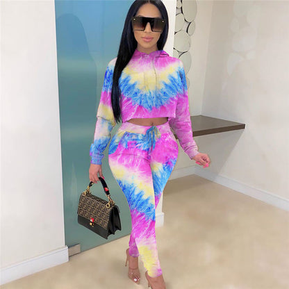Conjunto de dos piezas con capucha y pantalón tie-dye informal para mujer tallas S-2XL
