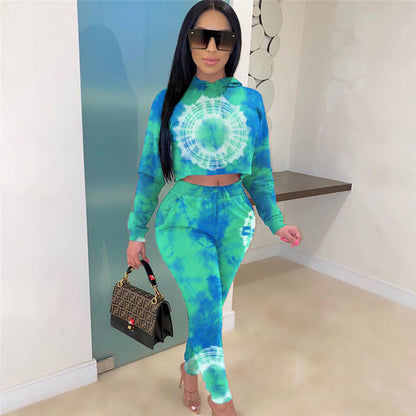 Conjunto de dos piezas con capucha y pantalón tie-dye informal para mujer tallas S-2XL
