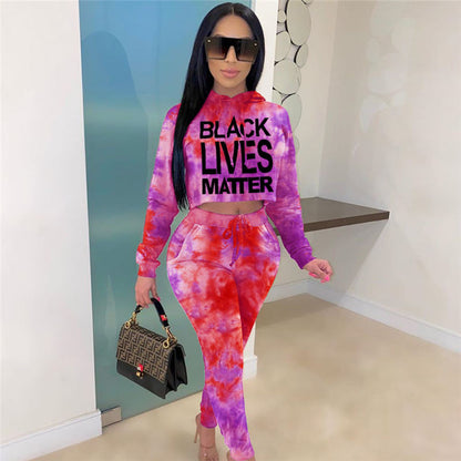 Conjunto de dos piezas con capucha y pantalón para mujer, informal, con estampado de letras tie-dye, tallas S-2XL