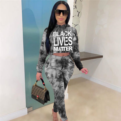Conjunto de dos piezas con capucha y pantalón para mujer, informal, con estampado de letras tie-dye, tallas S-2XL