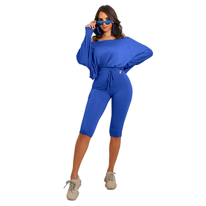 Conjunto de dos piezas de top y pantalones cortos holgados con cuello redondo para mujer, tallas S-XL