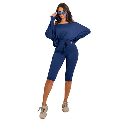 Conjunto de dos piezas de top y pantalones cortos holgados con cuello redondo para mujer, tallas S-XL