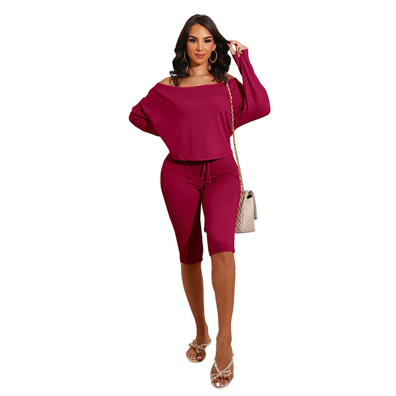 Conjunto de dos piezas de top y pantalones cortos holgados con cuello redondo para mujer, tallas S-XL