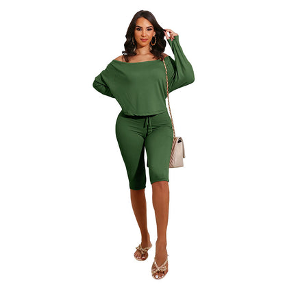 Conjunto de dos piezas de top y pantalones cortos holgados con cuello redondo para mujer, tallas S-XL