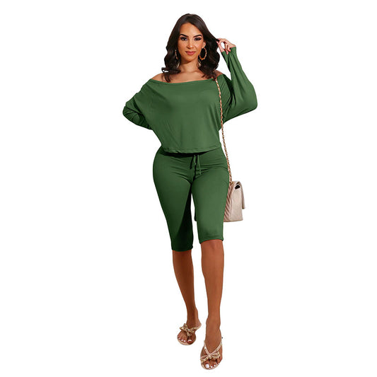 Conjunto de dos piezas de top y pantalones cortos holgados con cuello redondo para mujer, tallas S-XL