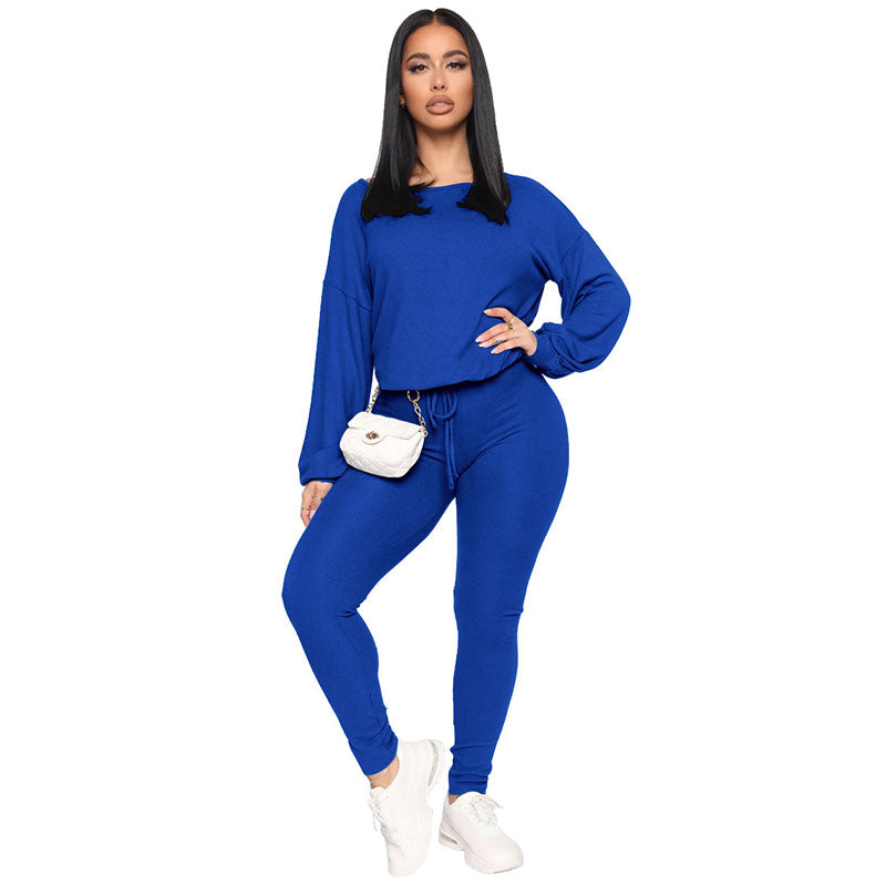 Conjunto de dos piezas de top y pantalón holgados de cuello redondo de color liso para mujer tallas S-XL